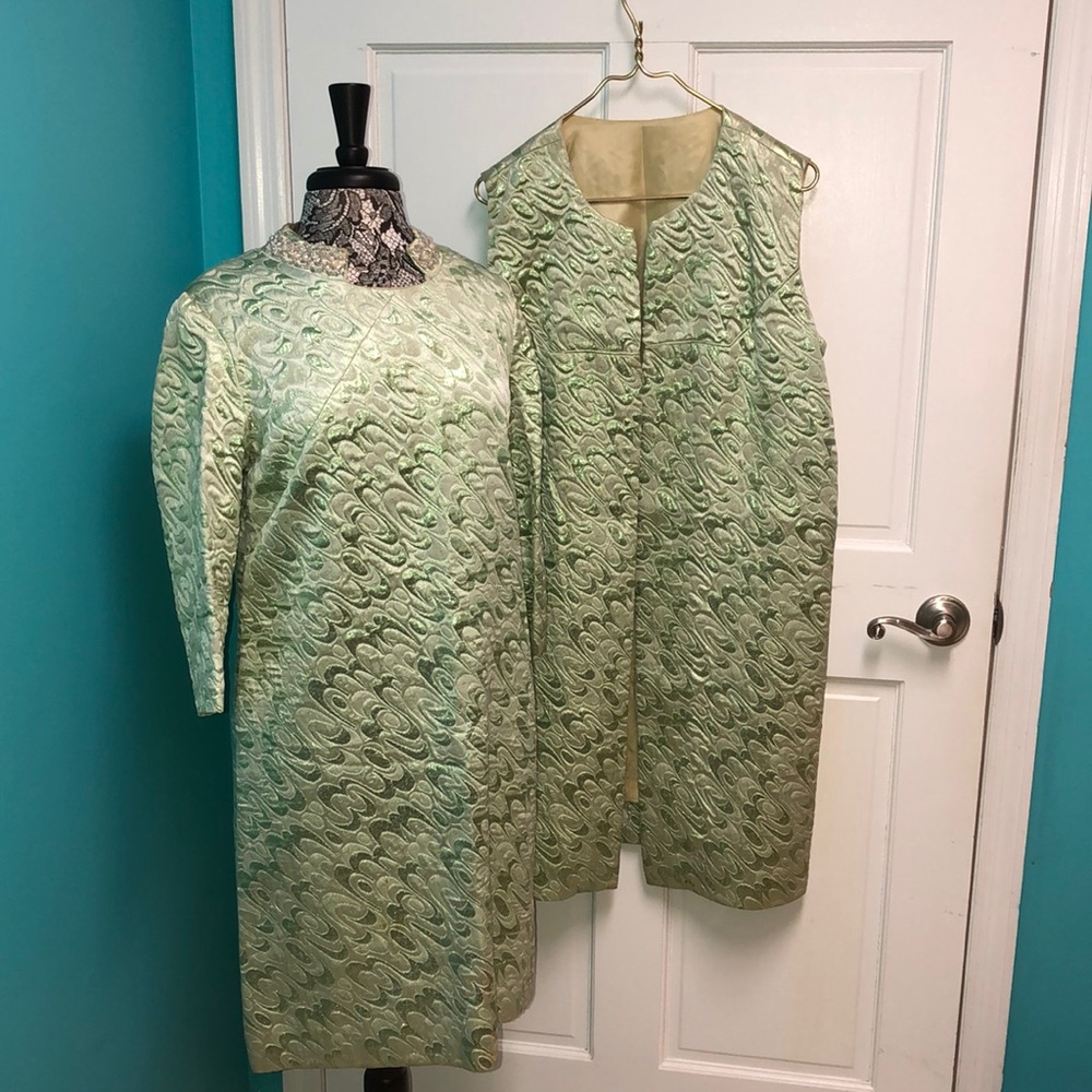 Amazing Vintage dress matching sleeveless coat. Metallic fabric beaded collar.